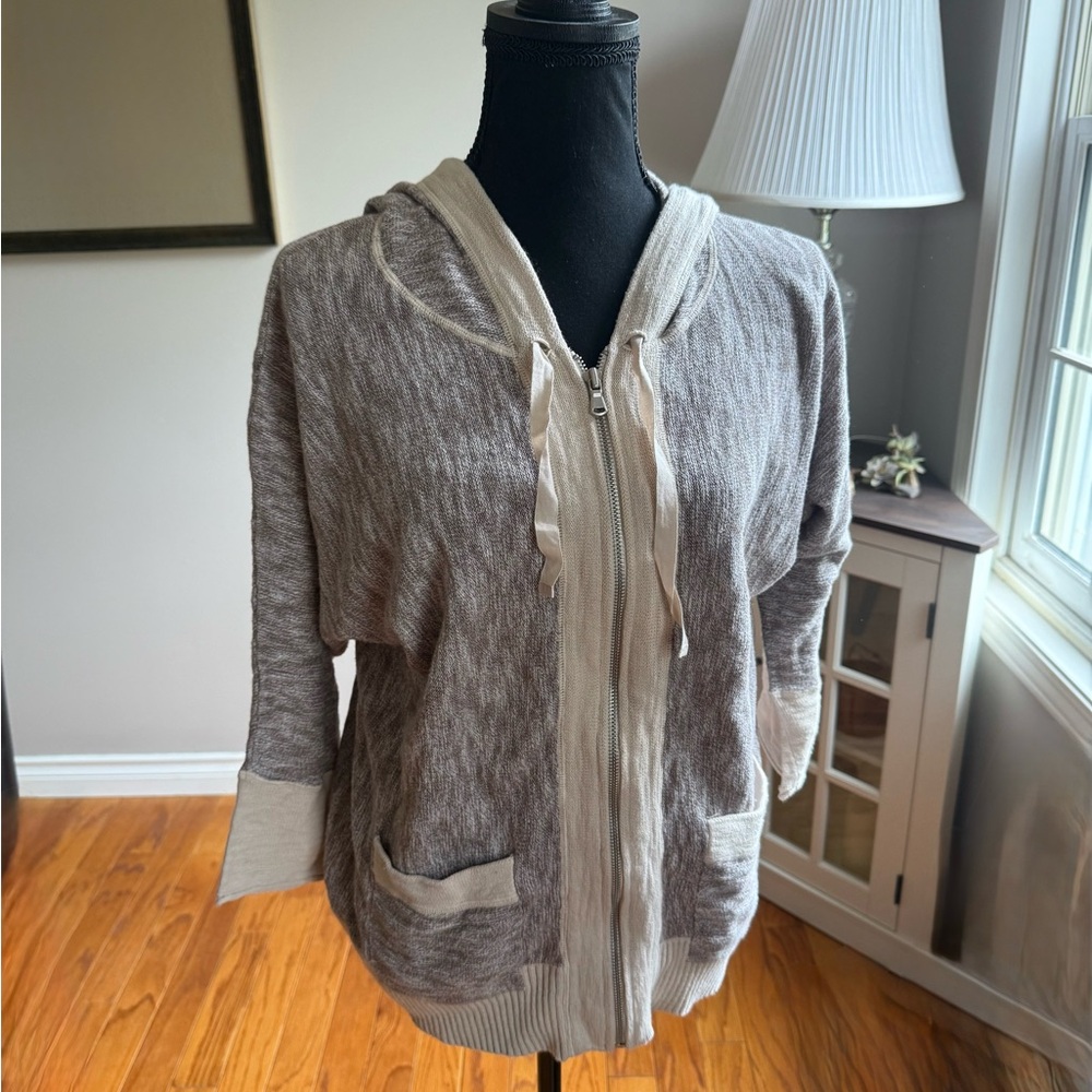 Eddie Bauer 3/4 Woman’s sweater with hood and front zip.  Size Large